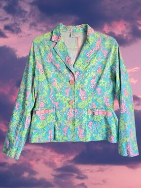 🩷Vintage Seahorse Neon Pastel Pink Green Mint Bow Pockets Blazer Jacket🩷